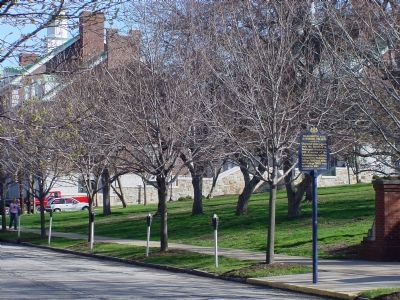 Marker, with Bica-Ross Hall Behind the Trees image. Click for full size.