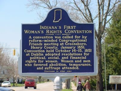 Indiana's First Woman's Rights Convention Marker, Side 1 image. Click for full size.