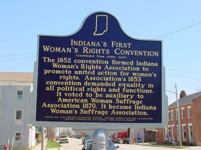 Indiana's First Woman's Rights Convention Marker, Side 2 image. Click for full size.