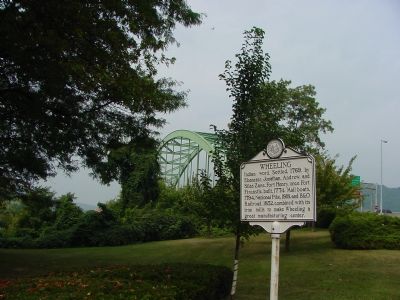 Wheeling Marker with Interstate 70 Bridge in the Background image. Click for full size.