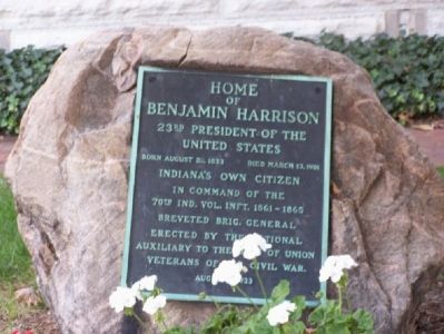 Plaque on a rock in front of the Harrison home. image. Click for full size.