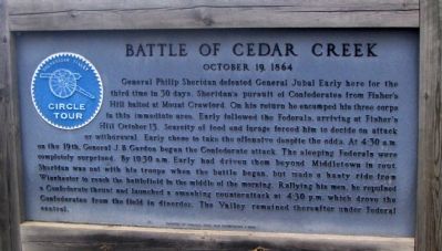 Battle of Cedar Creek Marker. Click for more information. Battle of Cedar Creek Marker image. Click for more information.