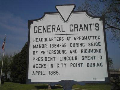 General Grant's Headquarters marker at City Point. Click for full size. General Grant's Headquarters marker at City Point image. Click for full size.