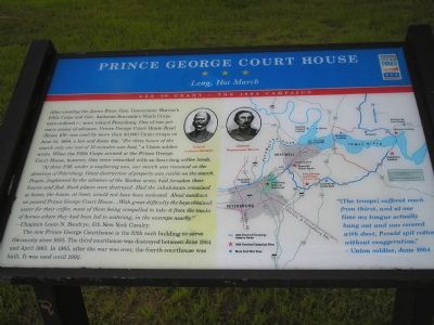 "Prince George Court House - Long, Hot March" Civil War Trails marker. Click for full size. "Prince George Court House - Long, Hot March" Civil War Trails marker image. Click for full size.