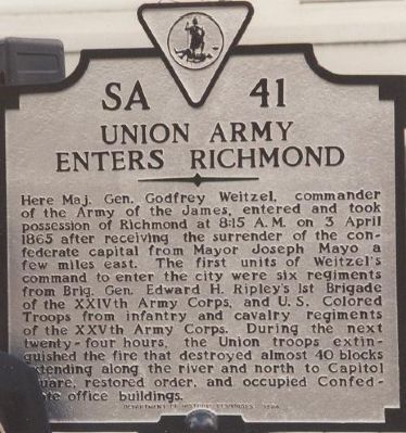 Union Army Enters Richmond Marker. Click for full size. Union Army Enters Richmond Marker image. Click for full size.