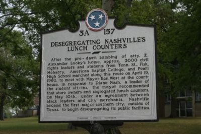 Desegregating Nashville's Lunch Counters Marker. Click for full size. Desegregating Nashville's Lunch Counters Marker image. Click for full size.