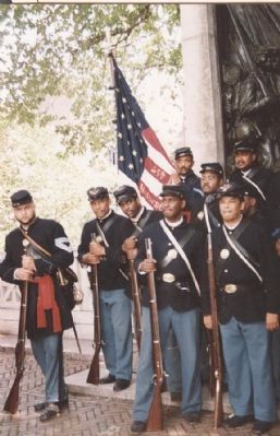 Company B, 54th MVI re-enactors pose at memorial. Click for full size. Company B, 54th MVI re-enactors pose at memorial image. Click for full size.