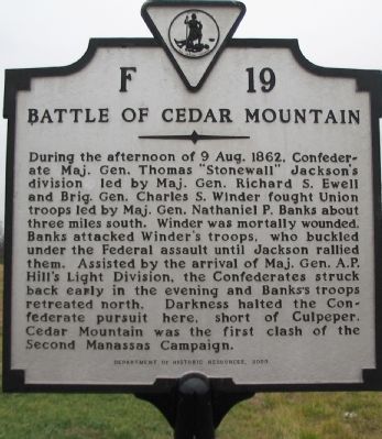 Battle of Cedar Mountain Marker. Click for full size. Battle of Cedar Mountain Marker image. Click for full size.