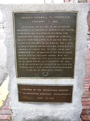 Lincoln's Farewell to Springfield Marker. Click for full size. Lincoln's Farewell to Springfield Marker image. Click for full size.