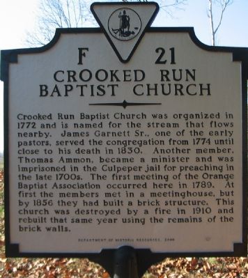 Crooked Run Baptist Church Marker. Click for full size. Crooked Run Baptist Church Marker image. Click for full size.