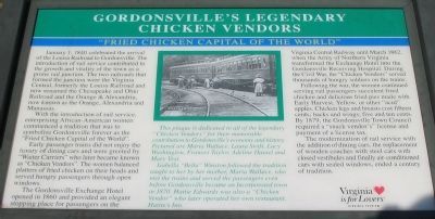 Gordonsville's Ledgendary Chicken Vendors Marker. Click for full size. Gordonsville's Ledgendary Chicken Vendors Marker image. Click for full size.