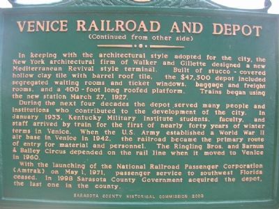 Venice Railroad and Depot Marker Reverse image. Click for full size.
