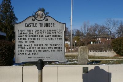 Castle Thunder marker, and the milestone it referrs to, in front of the Catonsville Library image. Click for full size.