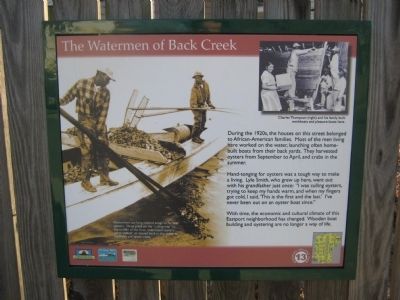The Watermen of Back Creek Marker. Click for full size. The Watermen of Back Creek Marker image. Click for full size.