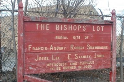 Sign indicating Bishop's Lot and location of time capsule image. Click for full size.