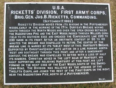 Ricketts' Division, First Army Corps Marker. Click for full size. Ricketts' Division, First Army Corps Marker image. Click for full size.
