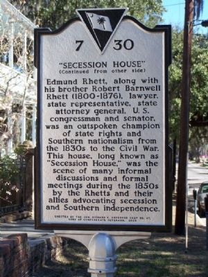 Side 2 : Maxcy Rhett House Marker "SECESSION HOUSE" image. Click for full size.