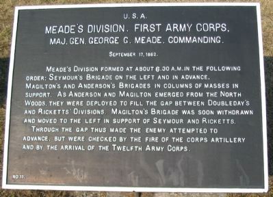 Meade's Division, First Army Corps Marker. Click for full size. Meade's Division, First Army Corps Marker image. Click for full size.