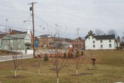 Fruit trees, the marker and the National Road image. Click for full size.