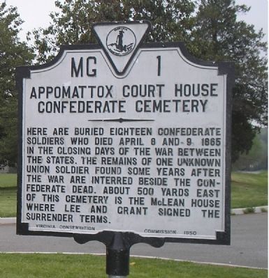 Appomattox Court House Confederate Cemetery Marker. Click for full size. Appomattox Court House Confederate Cemetery Marker image. Click for full size.