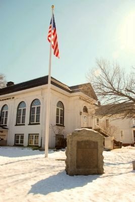 Memorial and American Flag beside Keyport Free Library image. Click for full size.