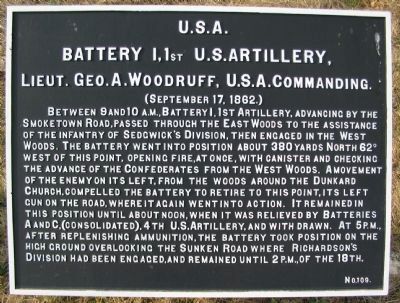 Battery I, 1st U.S. Artillery Marker image. Click for full size.