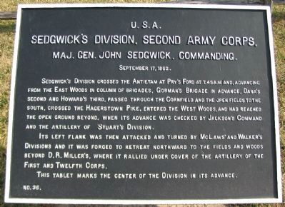 Sedgwick's Division, Second Army Corps Marker. Click for full size. Sedgwick's Division, Second Army Corps Marker image. Click for full size.