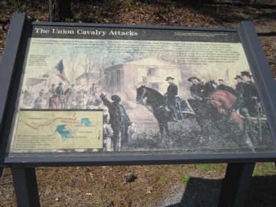 The Union Cavalry Attacks Marker at Five Forks. Click for full size. The Union Cavalry Attacks Marker at Five Forks image. Click for full size.
