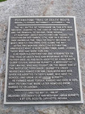 Potawatomi "trail of Death' Route Marker. Click for full size. Potawatomi "trail of Death' Route Marker image. Click for full size.