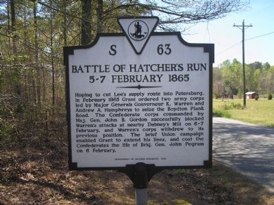 Battle of Hatcher’s Run Marker. Click for full size. Battle of Hatcher’s Run Marker image. Click for full size.