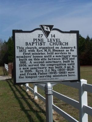 Pine Level Baptist Church Marker, Front side image. Click for full size.