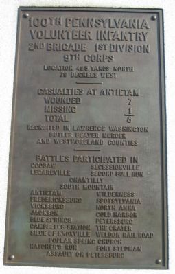 Inscription of the 100th Pennsylvania Infantry Monument. Click for full size. Inscription of the 100th Pennsylvania Infantry Monument image. Click for full size.