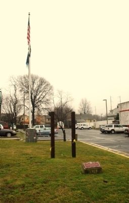 View of marker in front of Township Hall image. Click for full size.