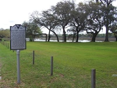 Battery Saxton Marker, Battery Creek in backround. Click for full size. Battery Saxton Marker, Battery Creek in backround image. Click for full size.