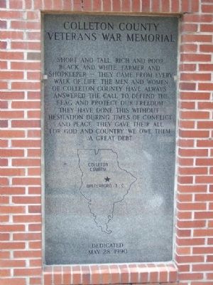 Colleton County Veterans War Memorial Marker image. Click for full size.
