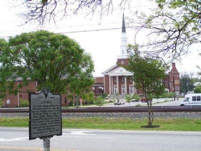 Gaffney Marker, with First Baptist Church in distant image. Click for full size.