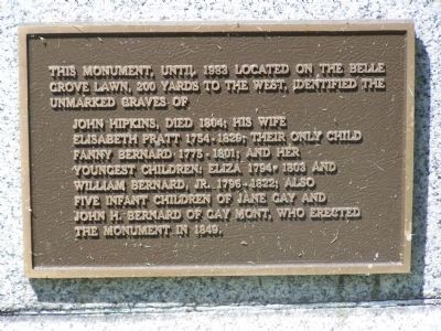 This monument, until 1983 located on the Belle Grove Lawn Marker. Click for full size. This monument, until 1983 located on the Belle Grove Lawn Marker image. Click for full size.