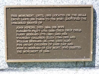 This monument, until 1983 located on the Belle Grove Lawn Marker image. Click for full size.