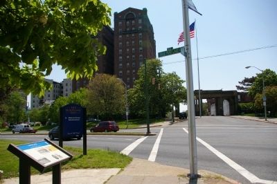 Marker, with the old Druid Hill Park gates in the background. Click for full size. Marker, with the old Druid Hill Park gates in the background image. Click for full size.
