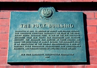 The Puck Building Plaque (on front corner of building) image. Click for full size.