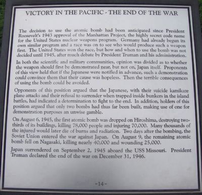 Maryland WWII Memorial - Marker Panel No. 14 "Victory in the Pacific - The End of the War" image. Click for full size.