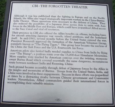 Maryland WW II Memorial - Marker Panel No. 15 "CBI - The Forgotten Theater" image. Click for full size.