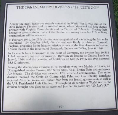 Maryland WW II Memorial - Marker Panel No. 19 "29th Infantry Division/'29, Let's Go!'" image. Click for full size.