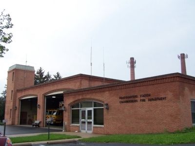 Marker is next to the Headquarters Station of the Chambersburg Fire Department.. Click for full size. Marker is next to the Headquarters Station of the Chambersburg Fire Department. image. Click for full size.