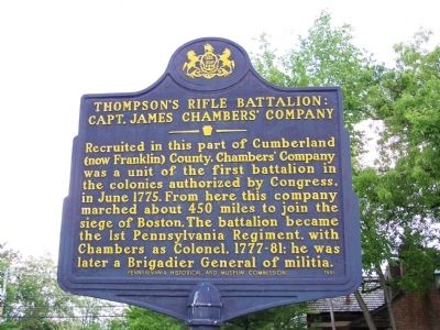Thompson's Rifle Battalion: Capt. James Chambers' Company Marker. Click for full size. Thompson's Rifle Battalion: Capt. James Chambers' Company Marker image. Click for full size.