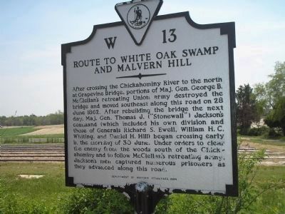 Route to White Oak Swamp and Malvern Hill Marker. Click for full size. Route to White Oak Swamp and Malvern Hill Marker image. Click for full size.