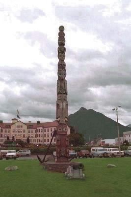 The Baranof totem pole, Totem Square image. Click for more information.