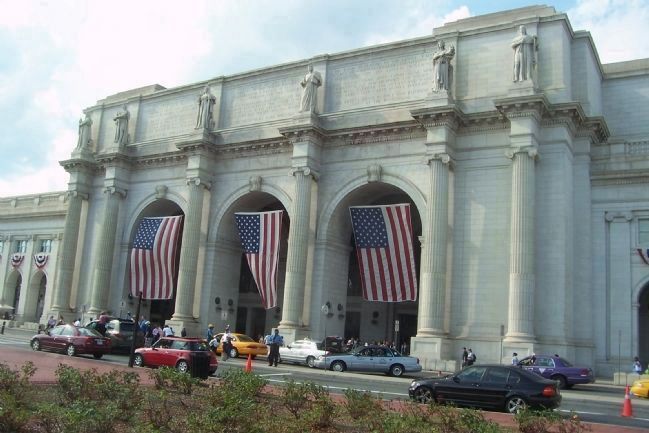 Station Entrance, flag -draped for Independence Day image. Click for full size.