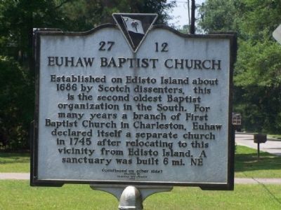 Euhaw Baptist Church Marker </b>(front) image. Click for full size.