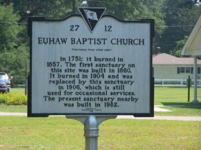 Euhaw Baptist Church Marker </b>(reverse). Click for full size. Euhaw Baptist Church Marker </b>(reverse) image. Click for full size.